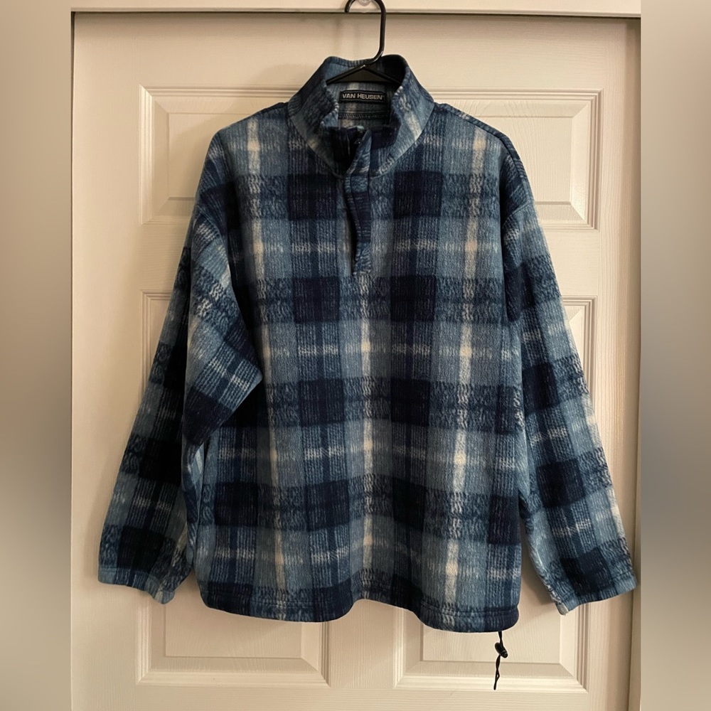 ❌SOLD❌Vintage Van Heusen Blue White Plaid Fleece Jacket Quarter Zip Pullover